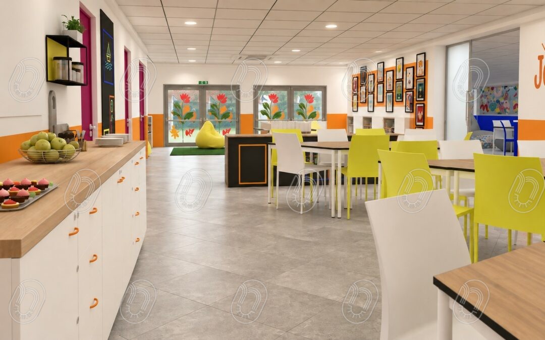 Aménagement intérieur coloré d’un espace collectif avec cuisine et espace détente