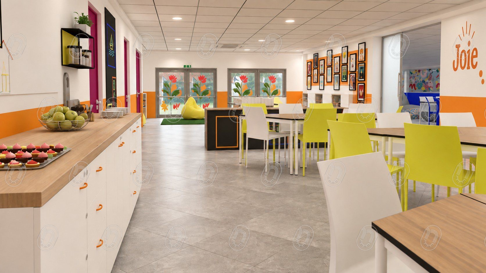 Aménagement intérieur coloré d’un espace collectif avec cuisine et espace détente
