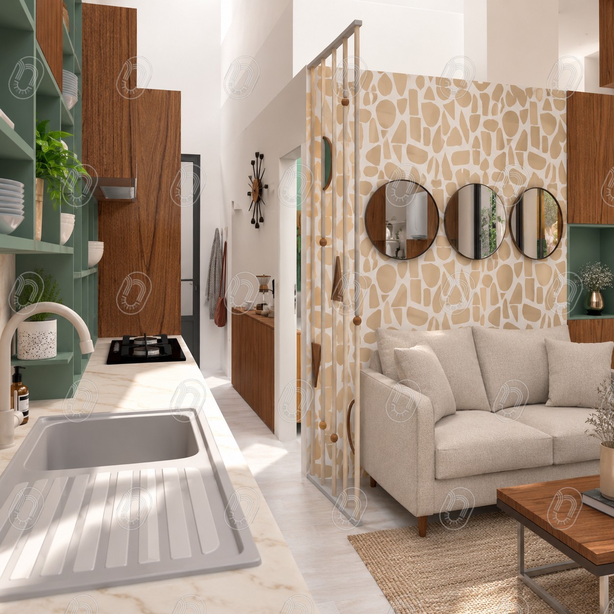 Architecture intérieure d’un petit espace à La Turbie, projet Néroli avec cuisine sur mesure et séjour