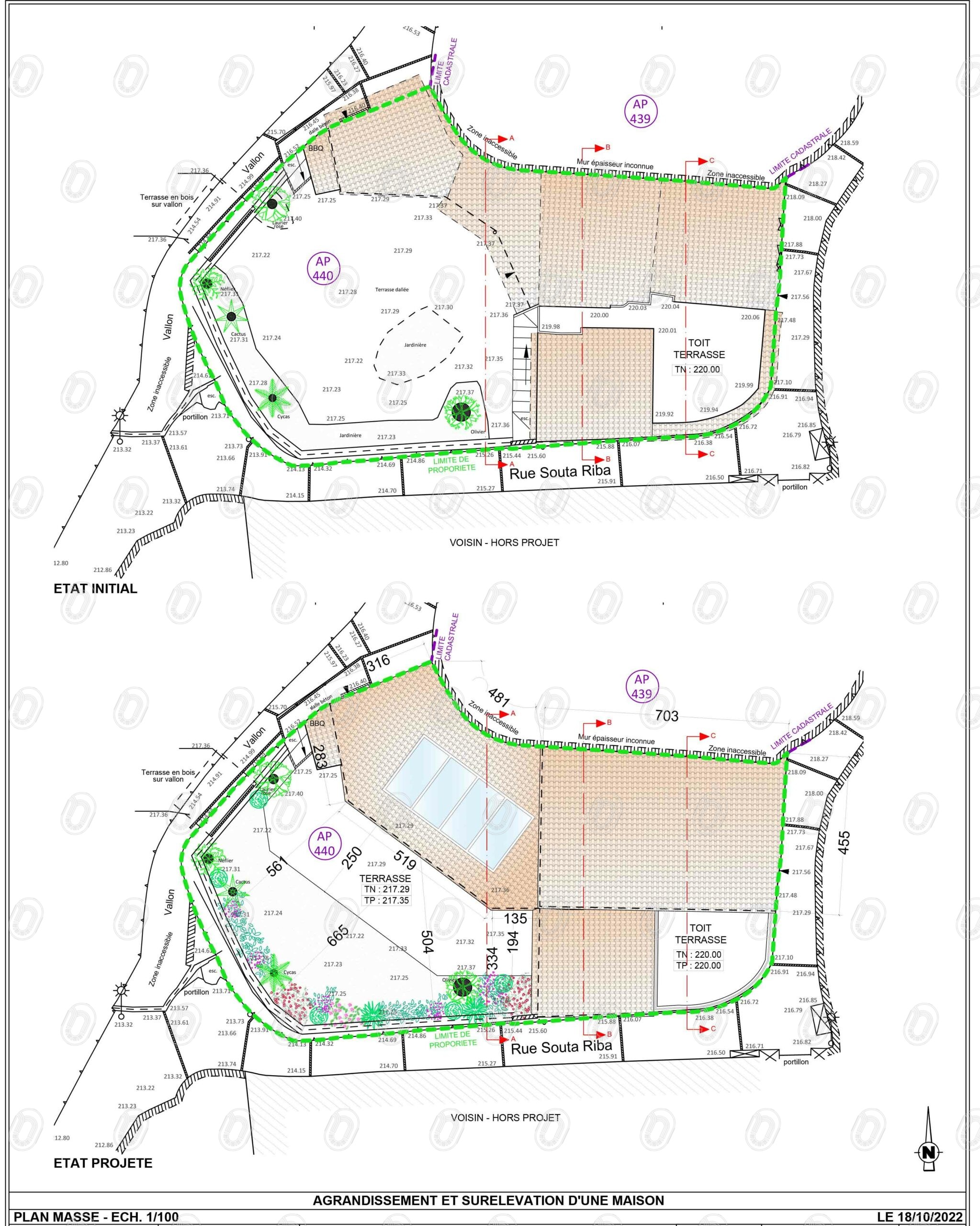 plan-masse-avant-apres-agrandissement-roquebrune-cap-martin Plan masse avant et après le projet d’agrandissement et de surélévation à Roquebrune-Cap-Martin