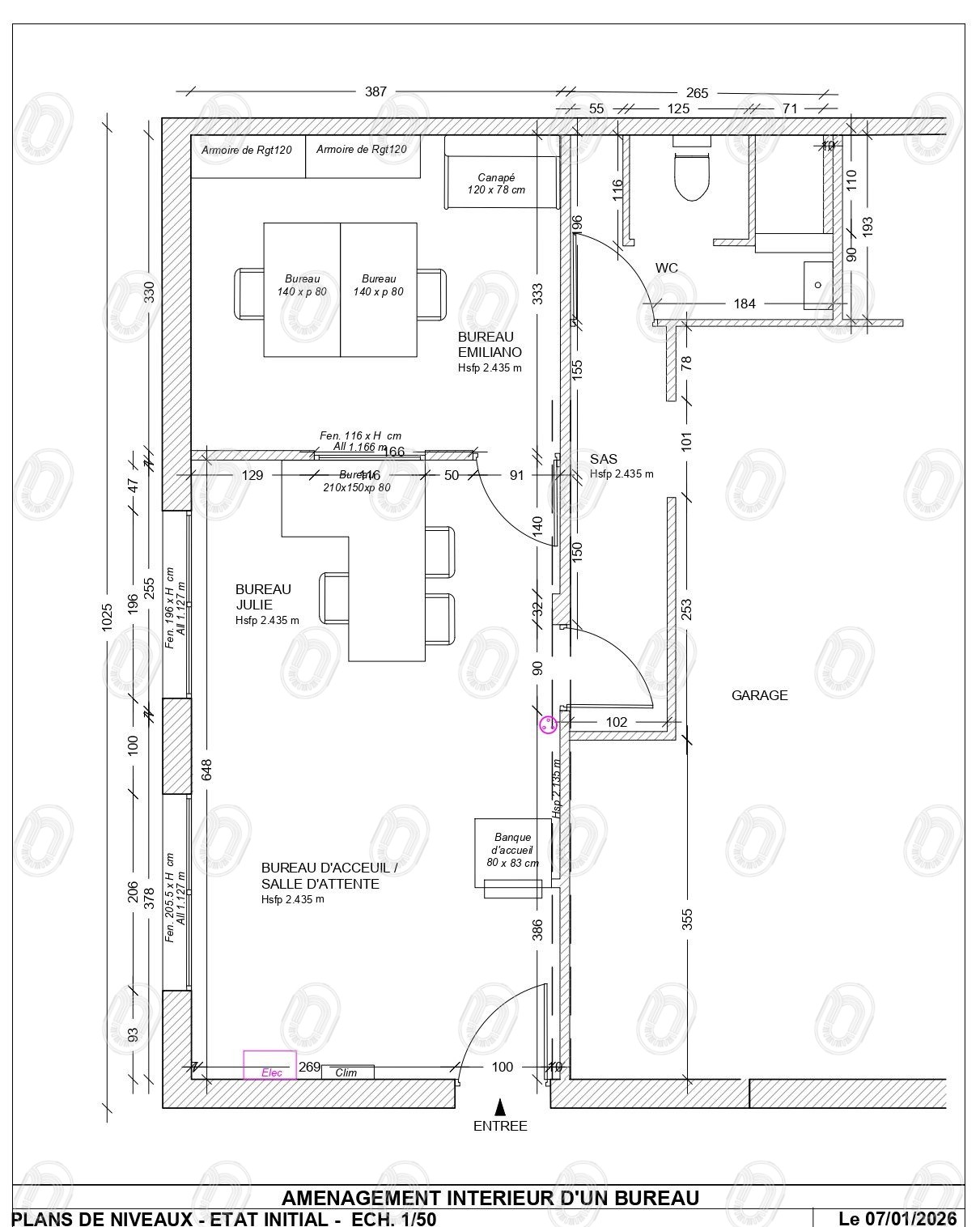 Bureau Garage - APD -07.01.2026-PLAN NIVEAU - EI - 50eme Plan état initial des bureaux avant réaménagement intérieur à Draguignan
