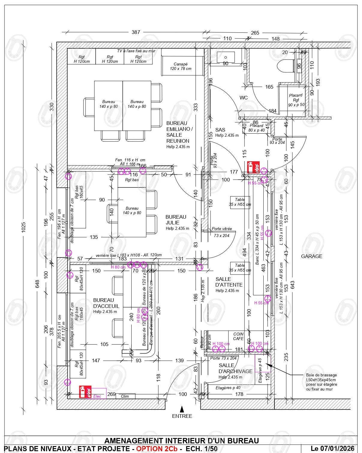 Bureau Garage - APD -07.01.2026-PLAN NIVEAU - EP - option 2Cb - 50eme Plan d’aménagement intérieur projeté des bureaux Perspective Auto à Draguignan