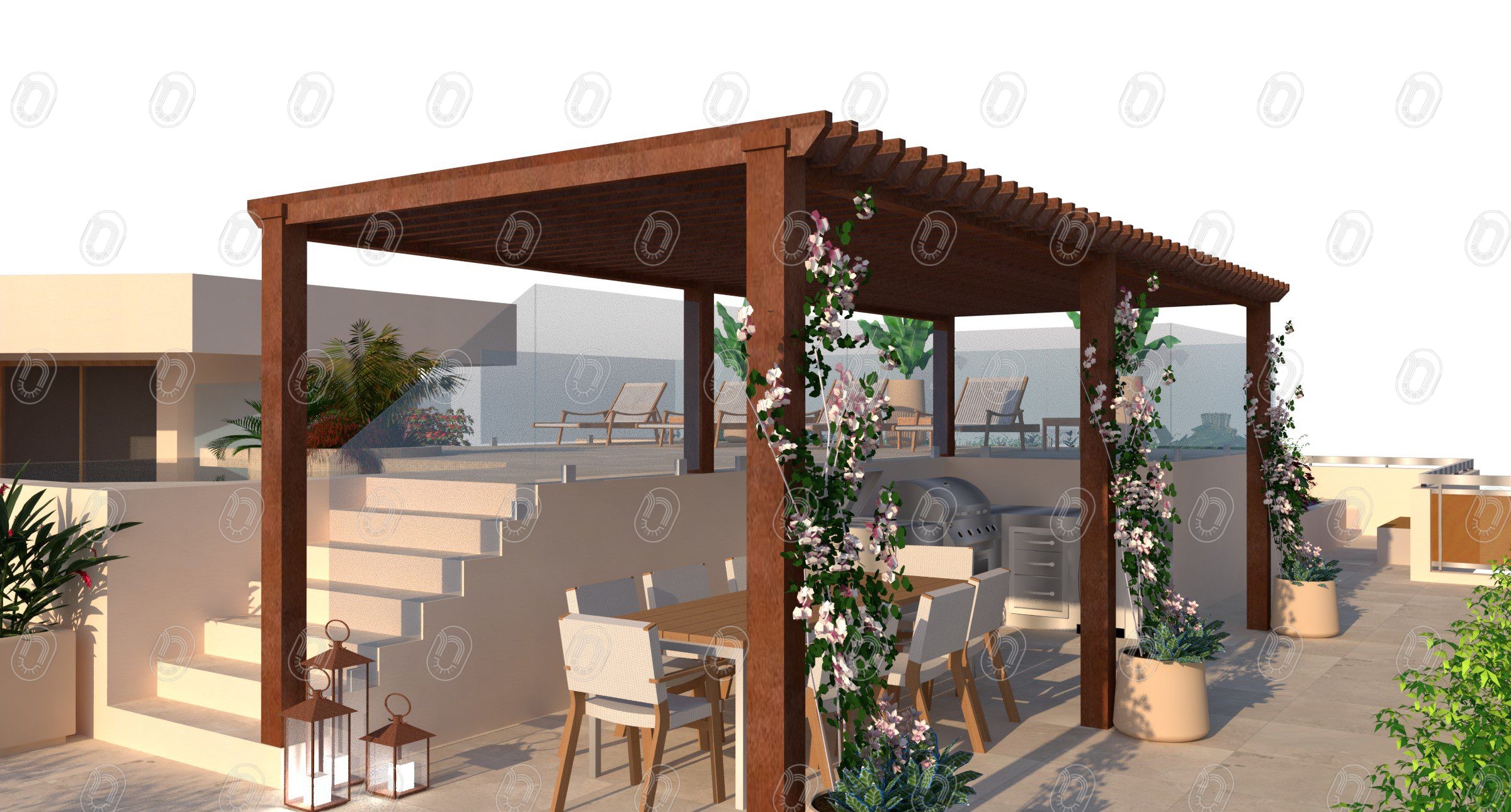 RENDU PROJET EUCALYPTUS - APRES TRAVAUX DU 03.01.23 - VUE PERGOLA Plan 3D d'un aménagement de toit terrasse à Cannes 06