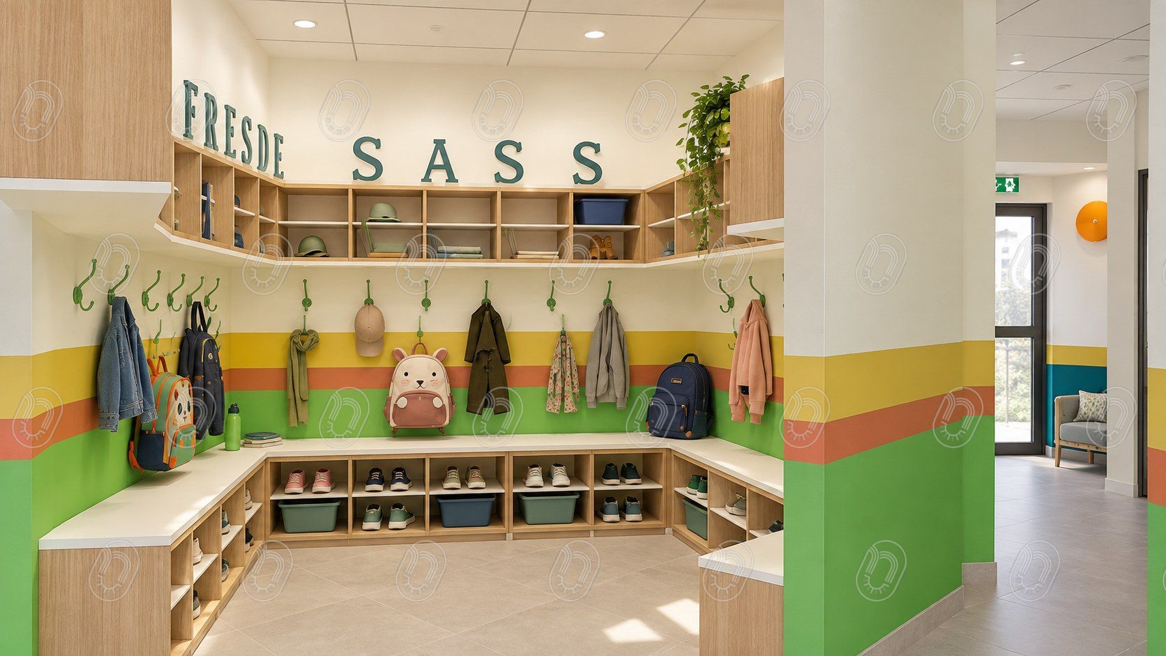 amenagement-vestiaire-espace-collectif-enfants Aménagement intérieur d’un vestiaire pour enfants avec rangements sur mesure