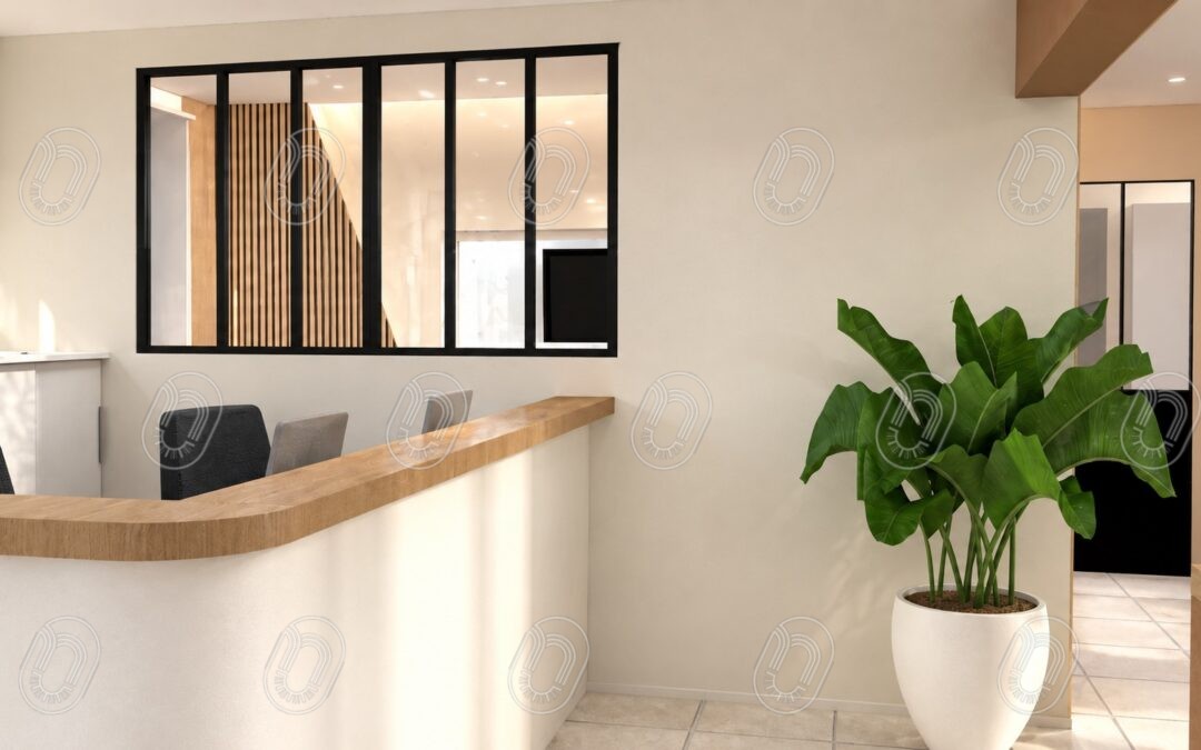 Aménagement intérieur de l’accueil des bureaux Perspective Auto à Draguignan