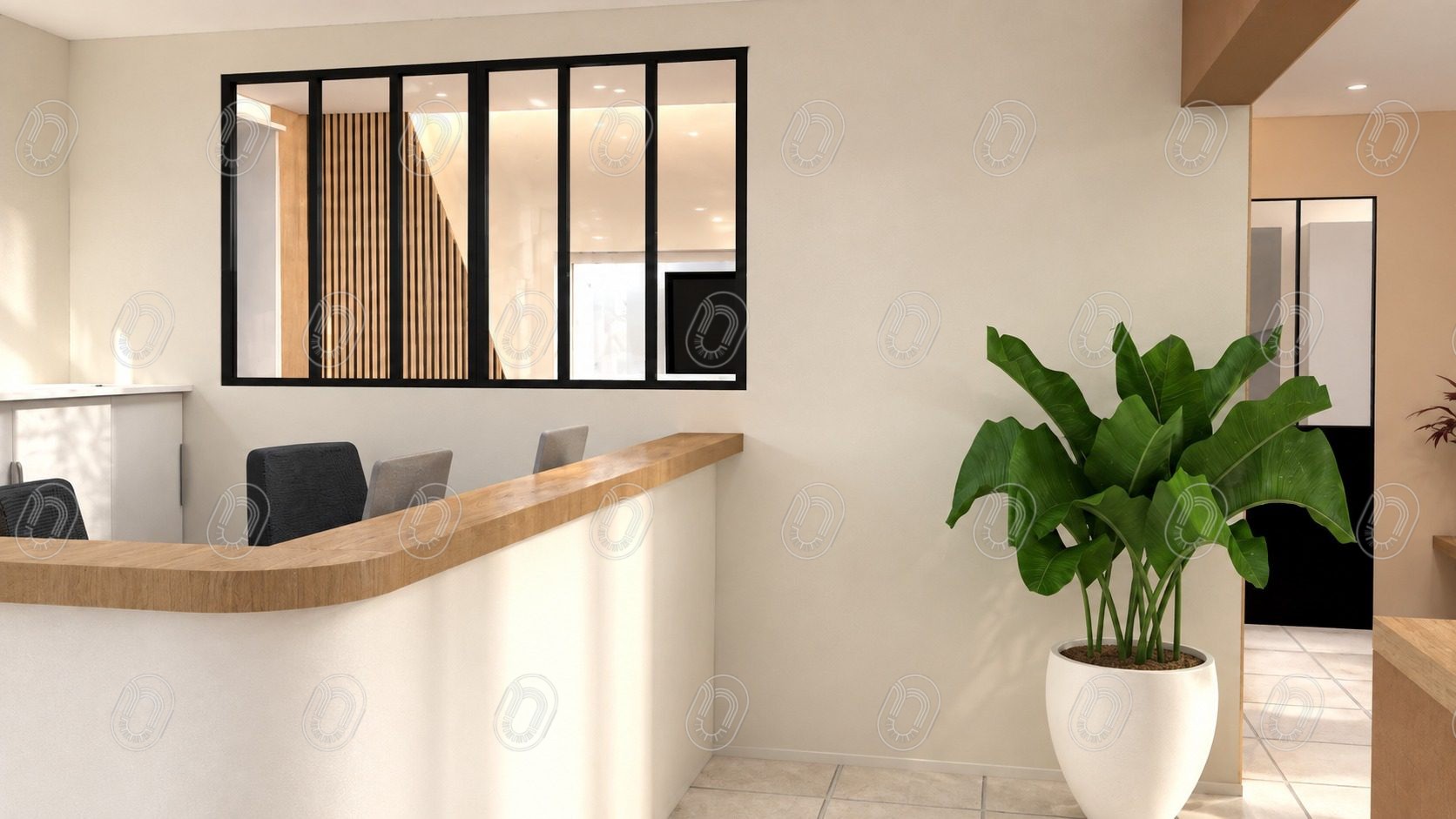 Aménagement intérieur de l’accueil des bureaux Perspective Auto à Draguignan