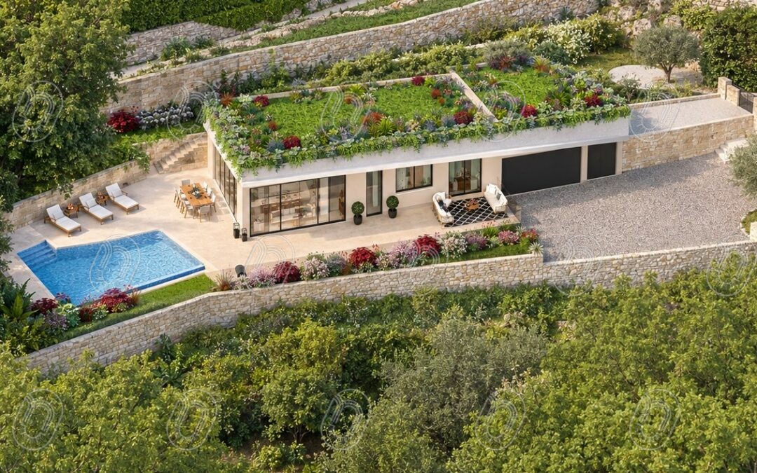Projet Canopée, architecture contemporaine avec toiture végétalisée et piscine à La Turbie