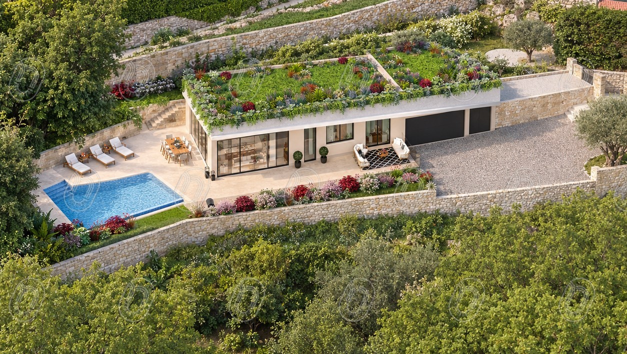 Projet Canopée, architecture contemporaine avec toiture végétalisée et piscine à La Turbie