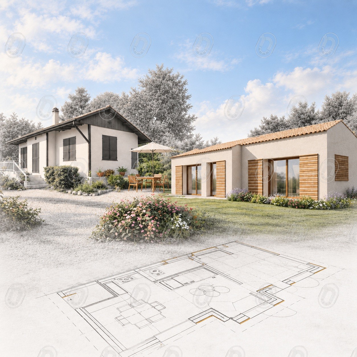 Conception architecturale d’une maison avec extension – plans et rendu 3D par Azur Design Intérieur