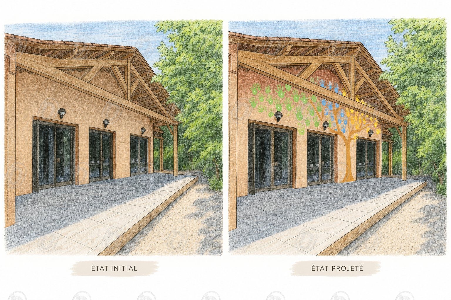 croquis-facade-avant-apres-amenagement-espace-collectif Croquis avant après de la façade d’un espace collectif avec décor mural coloré