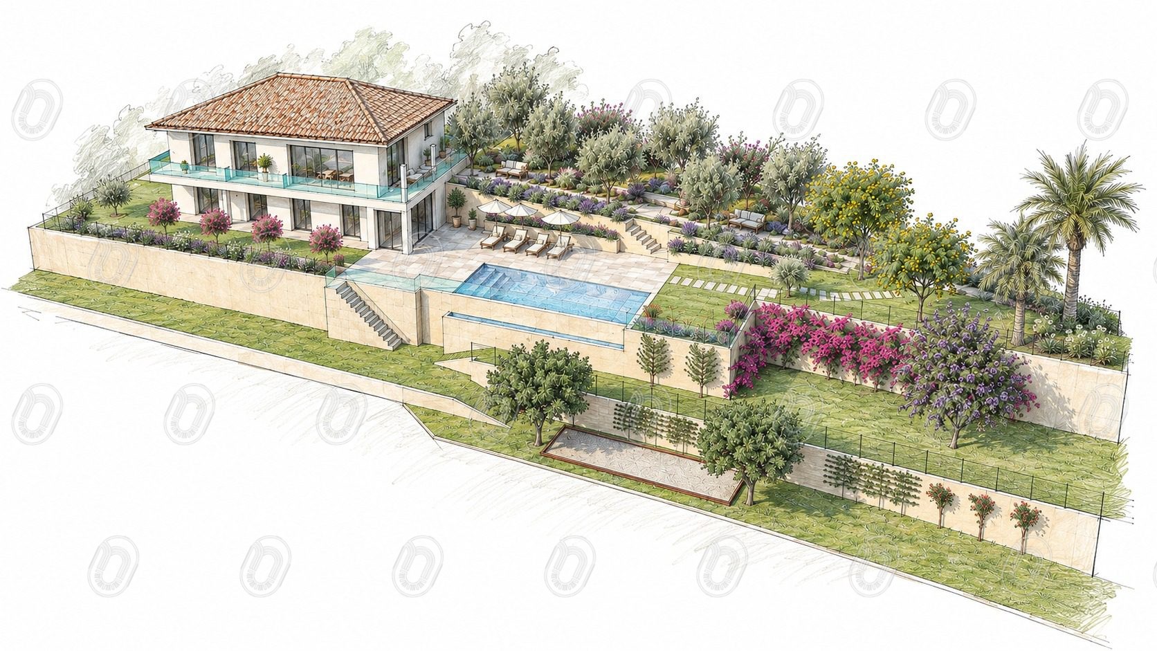 croquis-villa-jardin-paysager-cap-dail Croquis de conception de la villa et de son aménagement paysager méditerranéen à Cap-d’Ail