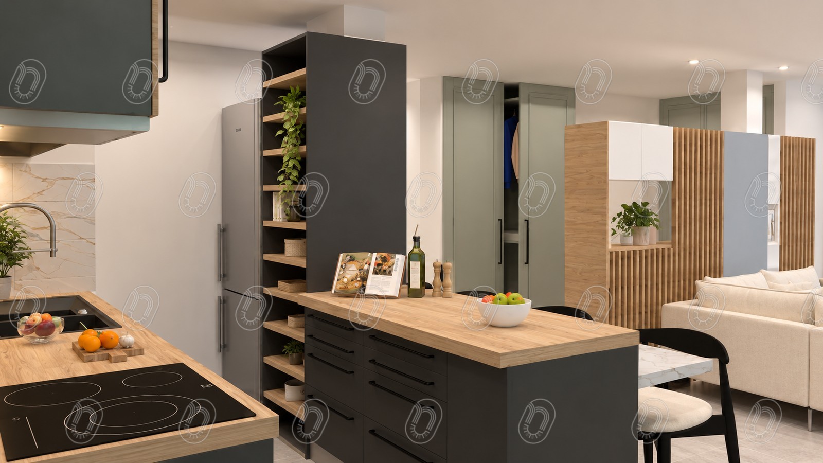 cuisine-ilot-option-2-projet-epure-draguignan Cuisine avec îlot central, rangements sur mesure et claustra bois du projet Épure à Draguignan