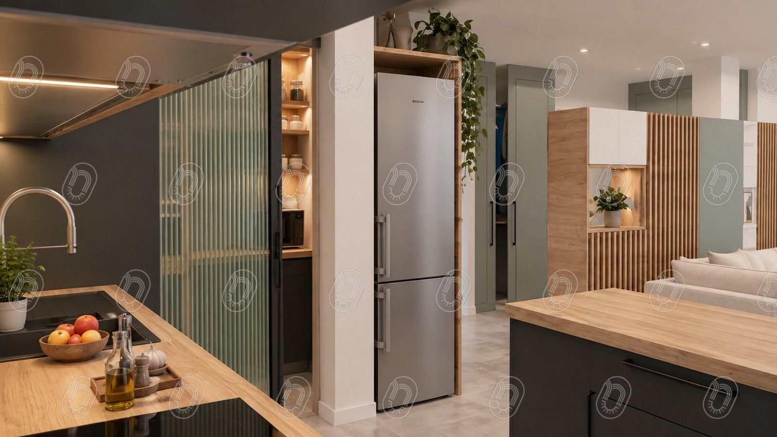 cuisine-verriere-amenagement-projet-epure-draguignan Vue de la cuisine avec verrière et mobilier sur mesure du projet Épure à Draguignan