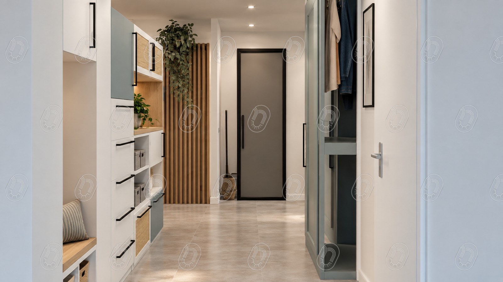 entree-couloir-sur-mesure-projet-epure-draguignan Aménagement sur mesure du couloir avec rangements et claustra bois du projet Épure à Draguignan
