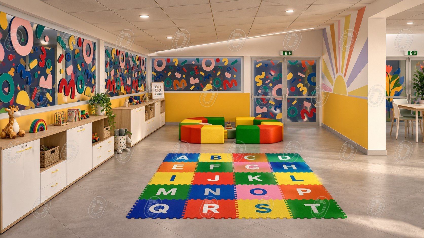 espace-jeux-enfants-amenagement-interieur-trans-en-provence Espace de jeux pour enfants avec mobilier coloré et rangements à Trans-en-Provence