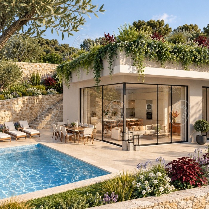 extension-maison-toiture-vegetalisee-la-turbie Extension contemporaine avec toiture végétalisée, terrasse et piscine du projet Canopée à La Turbie