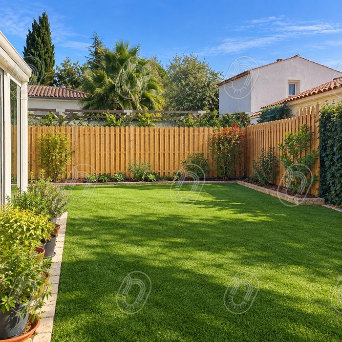 Jardin réaménagé avec gazon et clôture bois à Trans-en-Provence