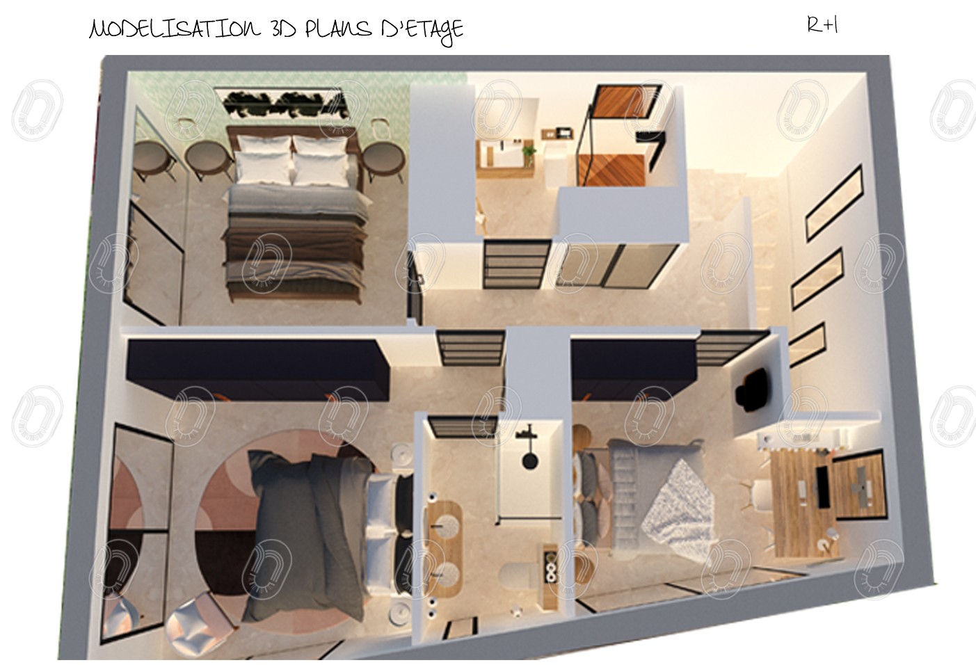 modelisation-plan-niveau-R+1-maison-contemporaine-gattieres Plan 3D de l'étage et des espaces nuit de la maison à Gattières