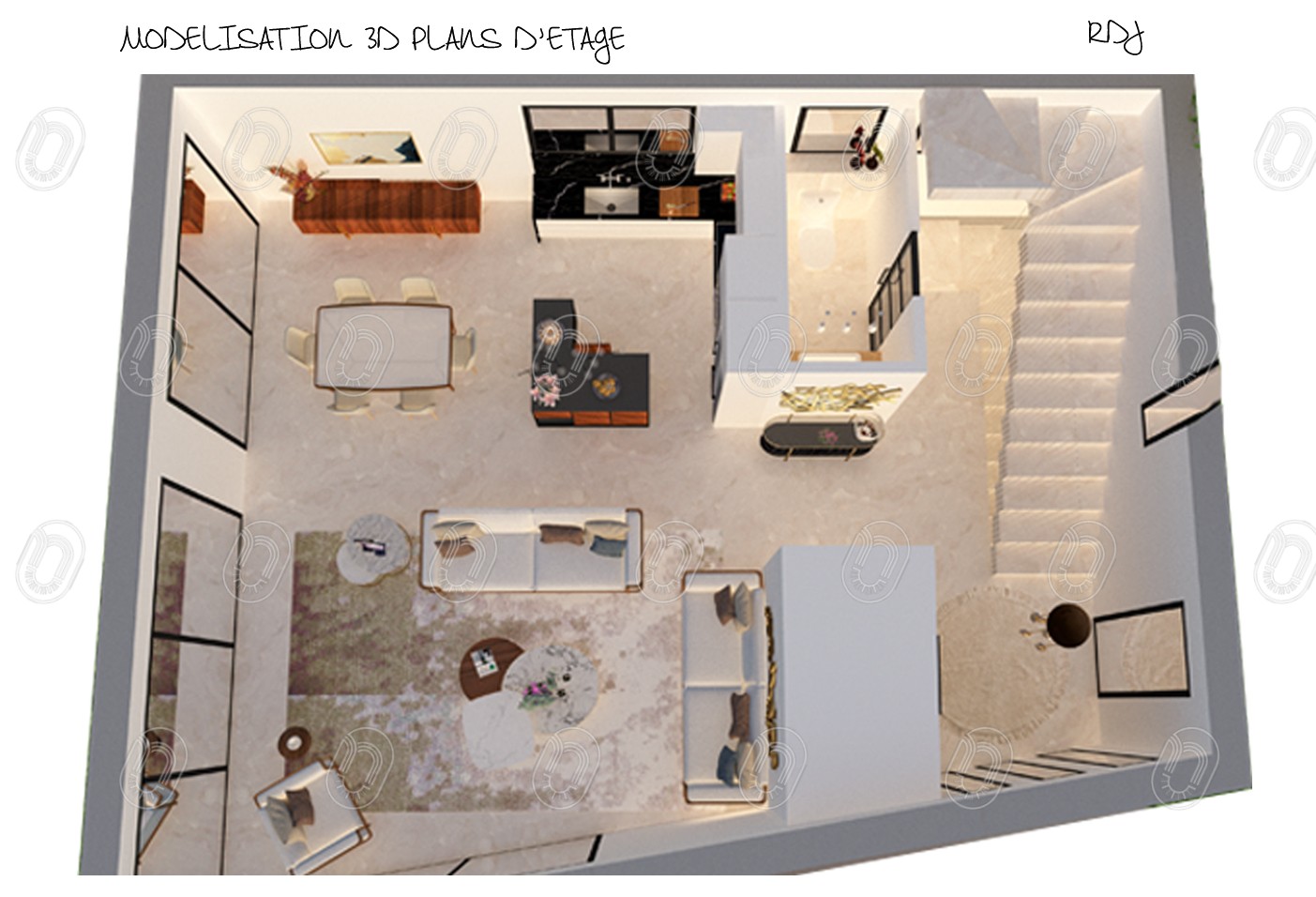 modelisation-plan-niveau-RDJ-maison-contemporaine-gattieres Plan 3D d'aménagement de la pièce de vie de la maison à Gattières