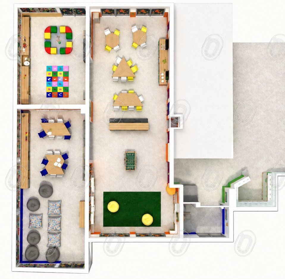 plan-3d-amenagement-interieur-espace-collectif Plan 3D d’aménagement intérieur d’un espace collectif pour enfants