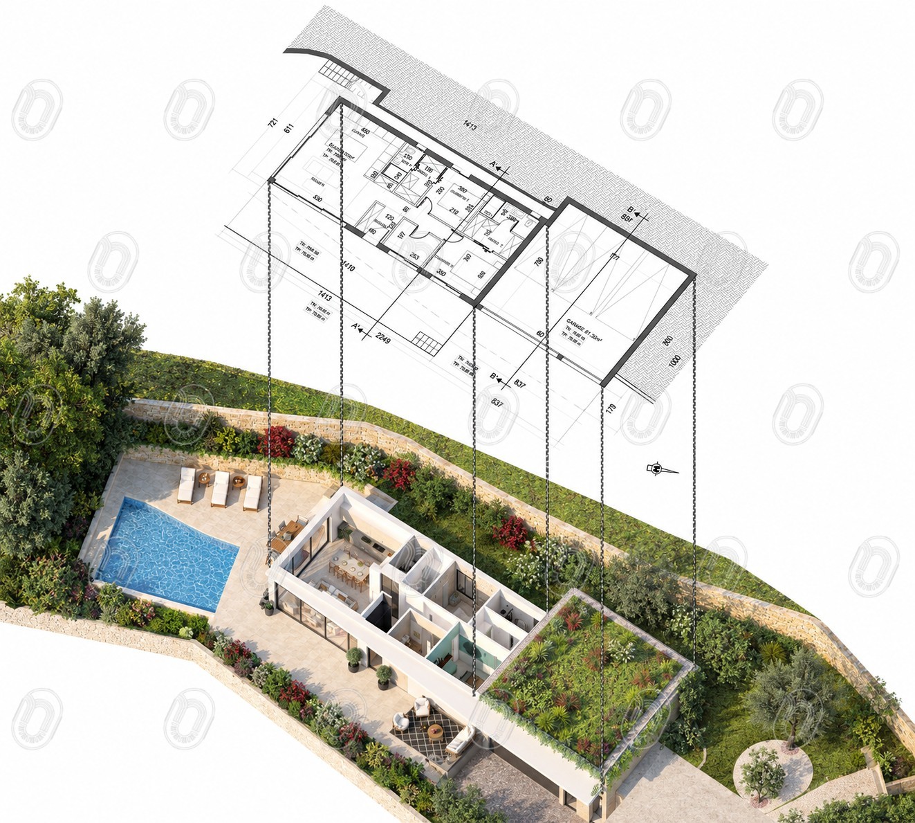 plan-3d-amenagement-maison-canopee-la-turbie Rendu 3D d’une maison contemporaine avec toiture végétalisée et terrasse, projet Canopée à La Turbie