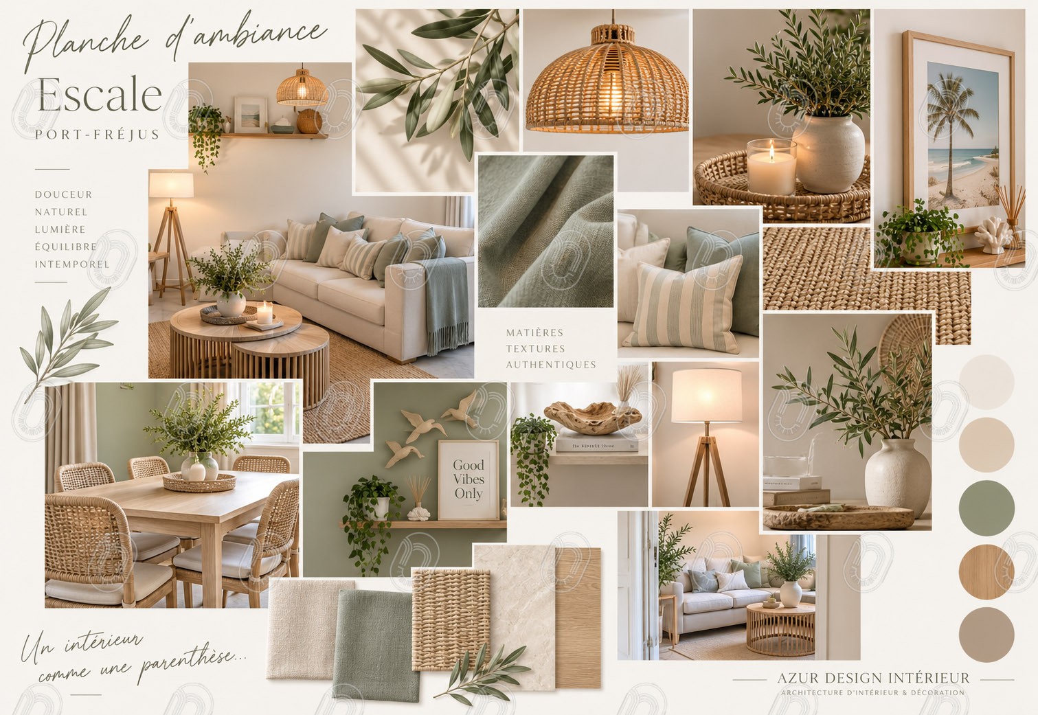 planche-ambiance-piece-vie-projet-escale-port-frejus Planche d’ambiance pièce de vie Projet Escale à Port-Fréjus – décoration naturelle aux tons beige et vert sauge