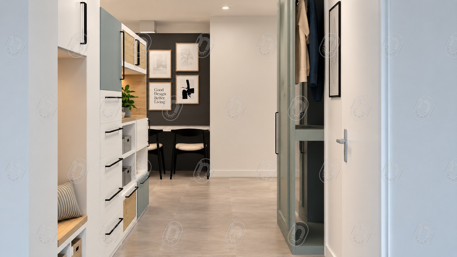 projet-epure-circulation-rangements-amenagement-interieur Circulation avec rangements sur mesure et vue vers la cuisine du projet Épure à Draguignan
