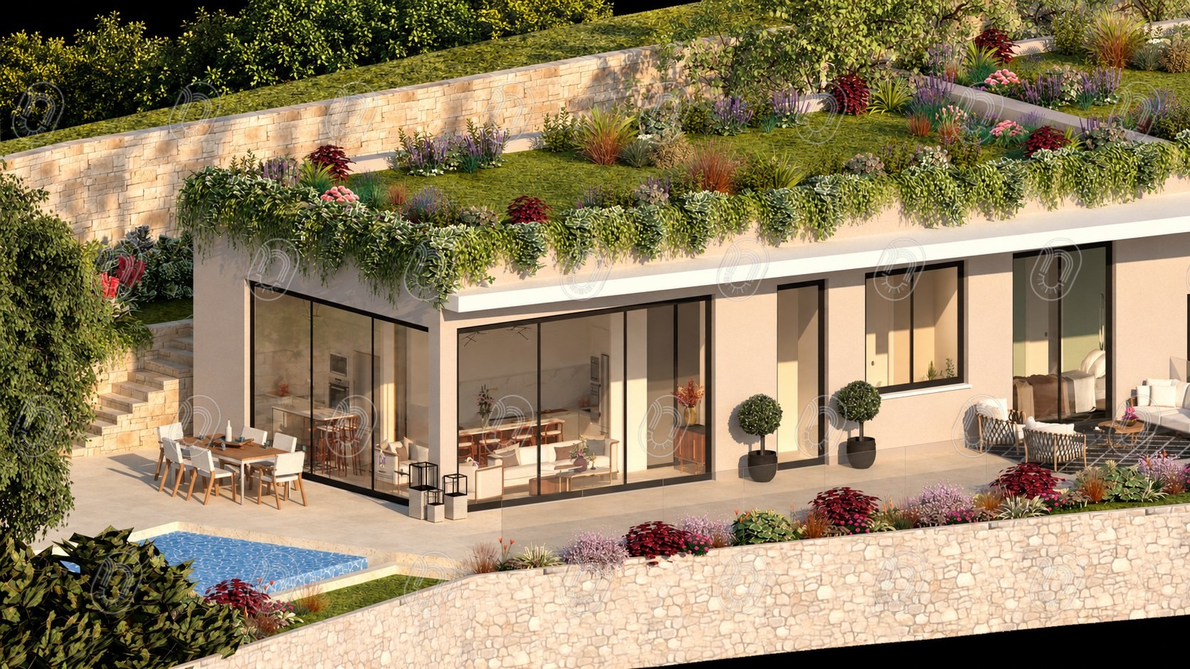 rendu-3d-architecture-canopee-la-turbie Rendu 3D d’une maison contemporaine avec toiture végétalisée et terrasse, projet Canopée à La Turbie