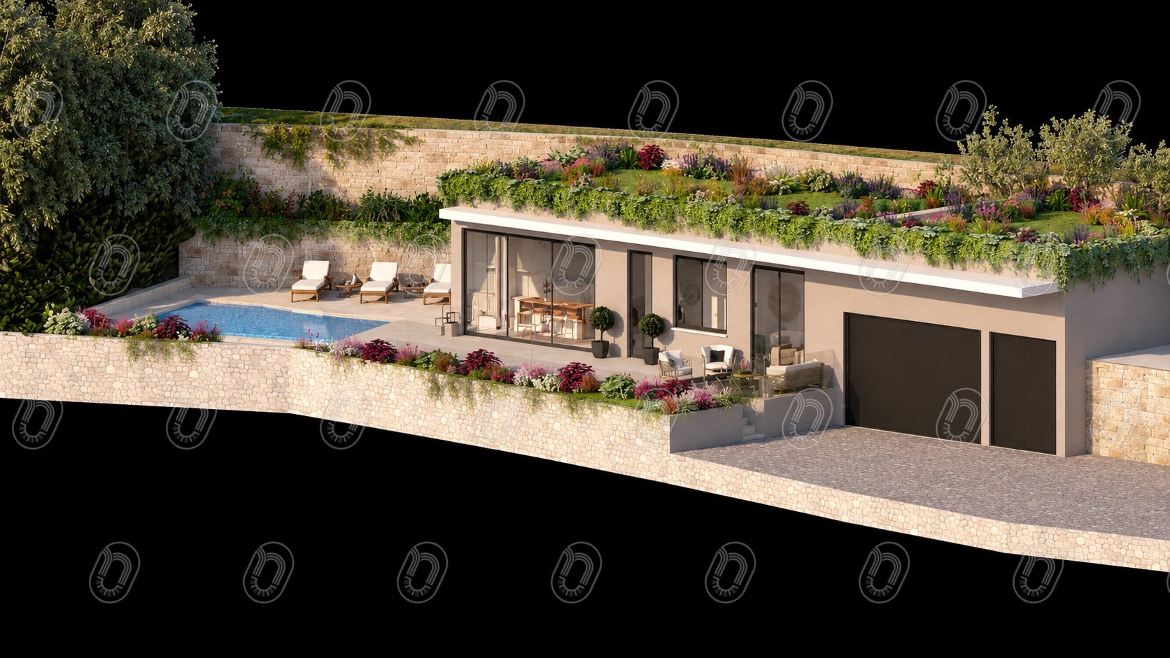 rendu-3d-villa-canopee-la-turbie Rendu 3D d’une villa contemporaine avec toiture végétalisée, piscine et terrasse à La Turbie — Projet Canopée