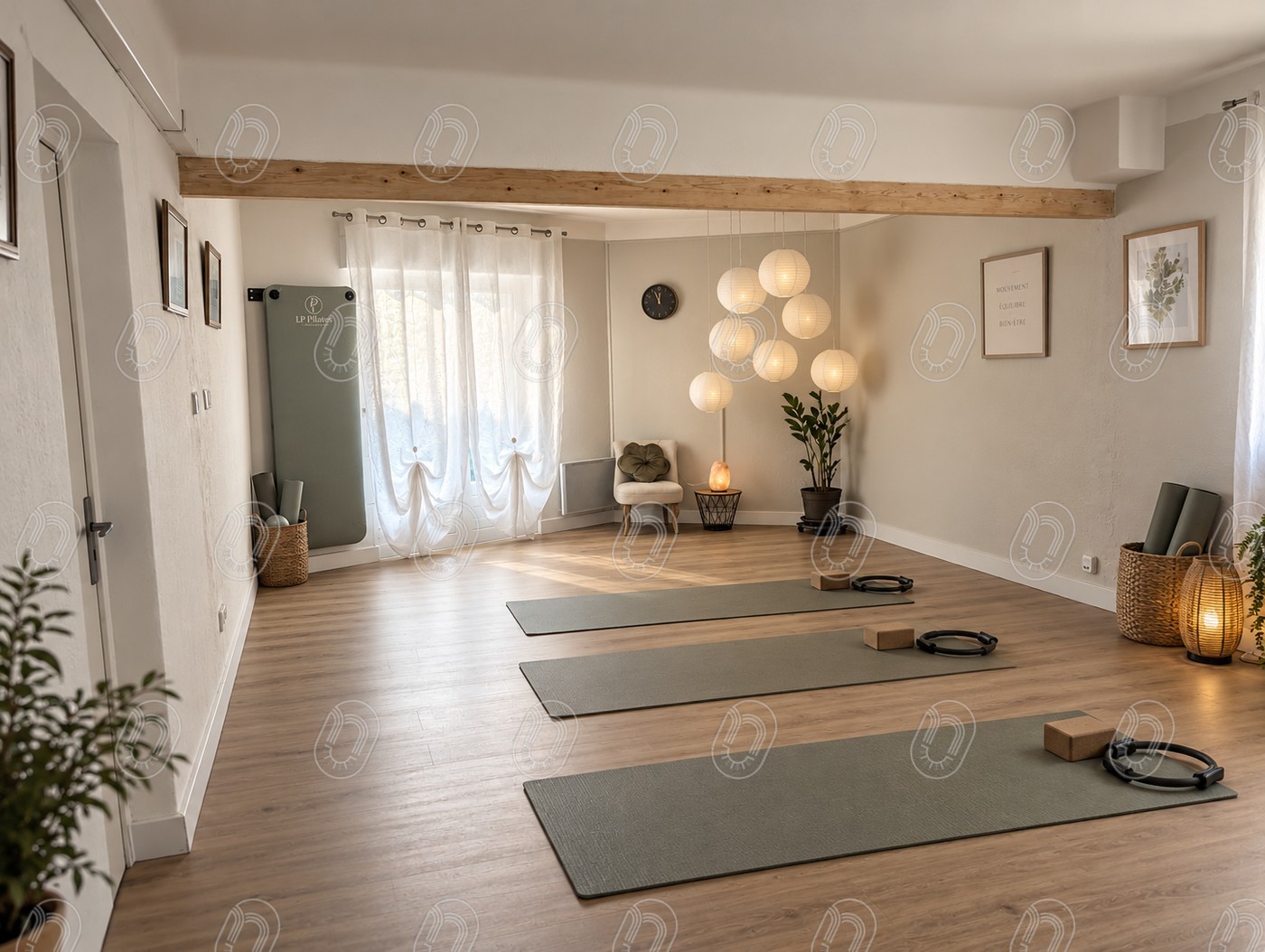 salle-pilates-cours-collectif-draguignan Salle de Pilates pour cours collectifs avec tapis et accessoires à Draguignan