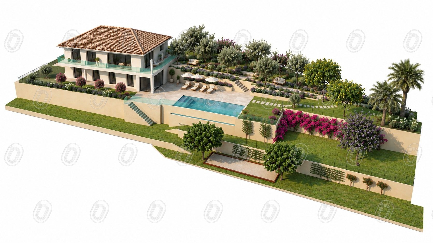 vue-3d-villa-jardin-paysager-cap-dail Vue 3D de la villa et de son aménagement paysager méditerranéen à Cap-d’Ail